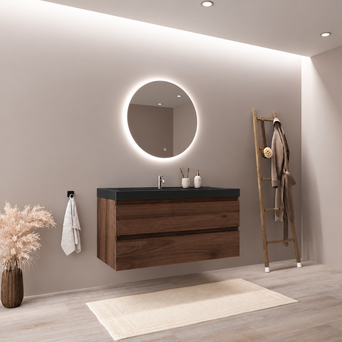 MONACO Eiche Braun - Schwarzes Waschbecken - 100 cm