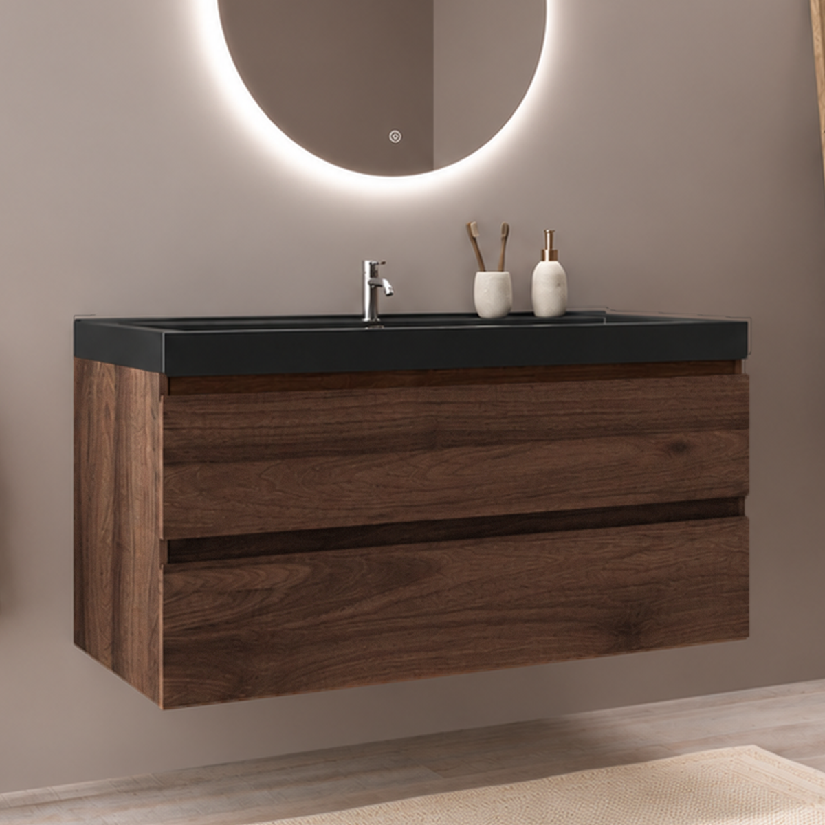 MONACO Eiche Braun - Schwarzes Waschbecken - 100 cm