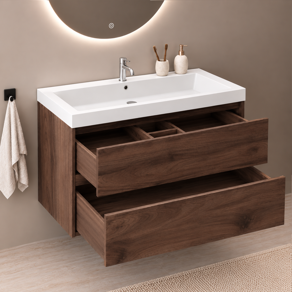 Conjunto de Muebles de Baño AVALON 100 cm - Con Columna - Roble Marrón - Lavabo Blanco