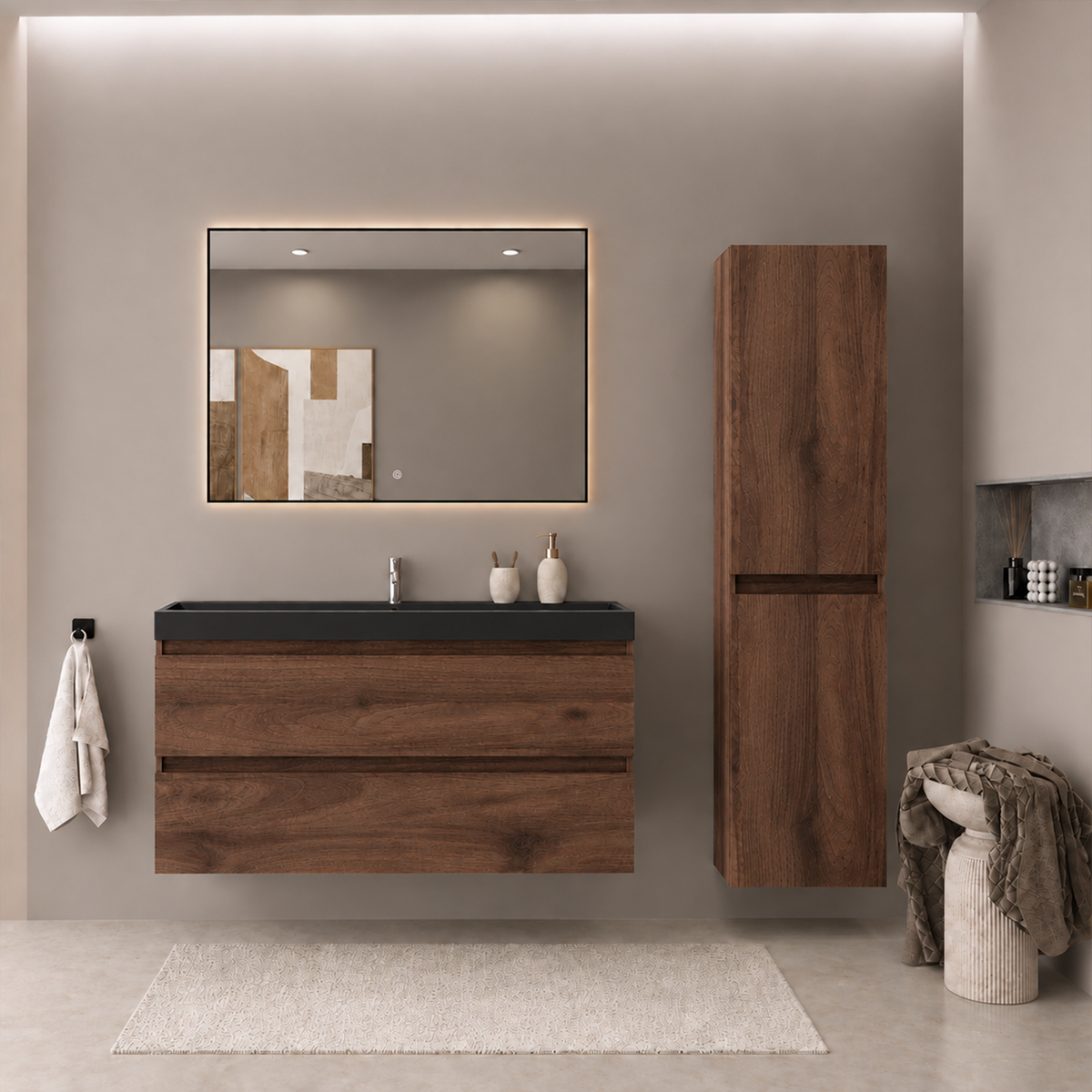 Conjunto de Muebles de Baño AVALON 100 cm - Con Columna - Roble Marrón - Lavabo Negro