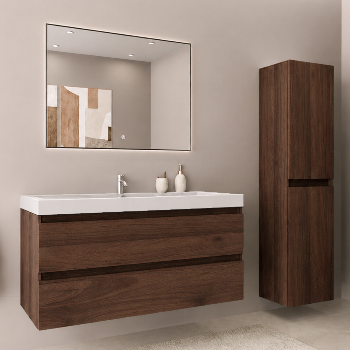 Conjunto de Muebles de Baño AVALON 100 cm - Con Columna - Roble Marrón - Lavabo Blanco
