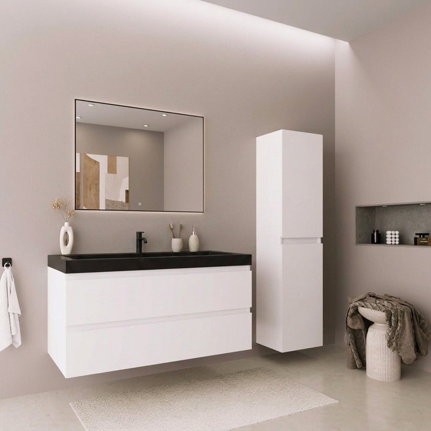 AVALON Badmöbel-Set – Glänzend Weiß – Schwarzes Waschbecken – mit Hochschrank – 100 cm