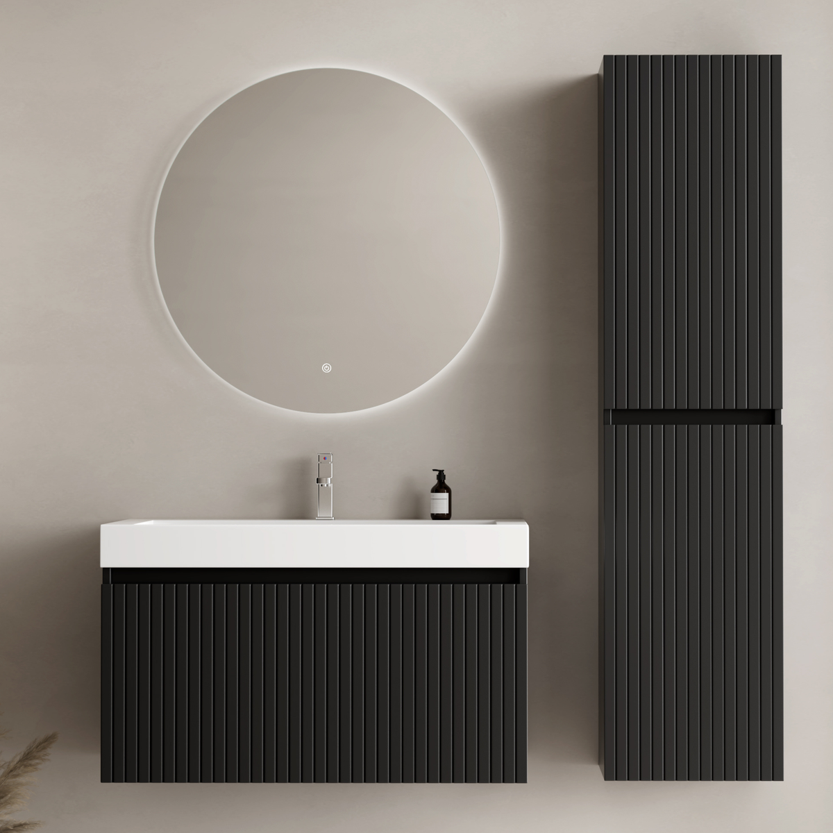 Conjunto de muebles de baño ZESERO 80 cm - Con columna de baño - Negro mate - Lavabo blanco