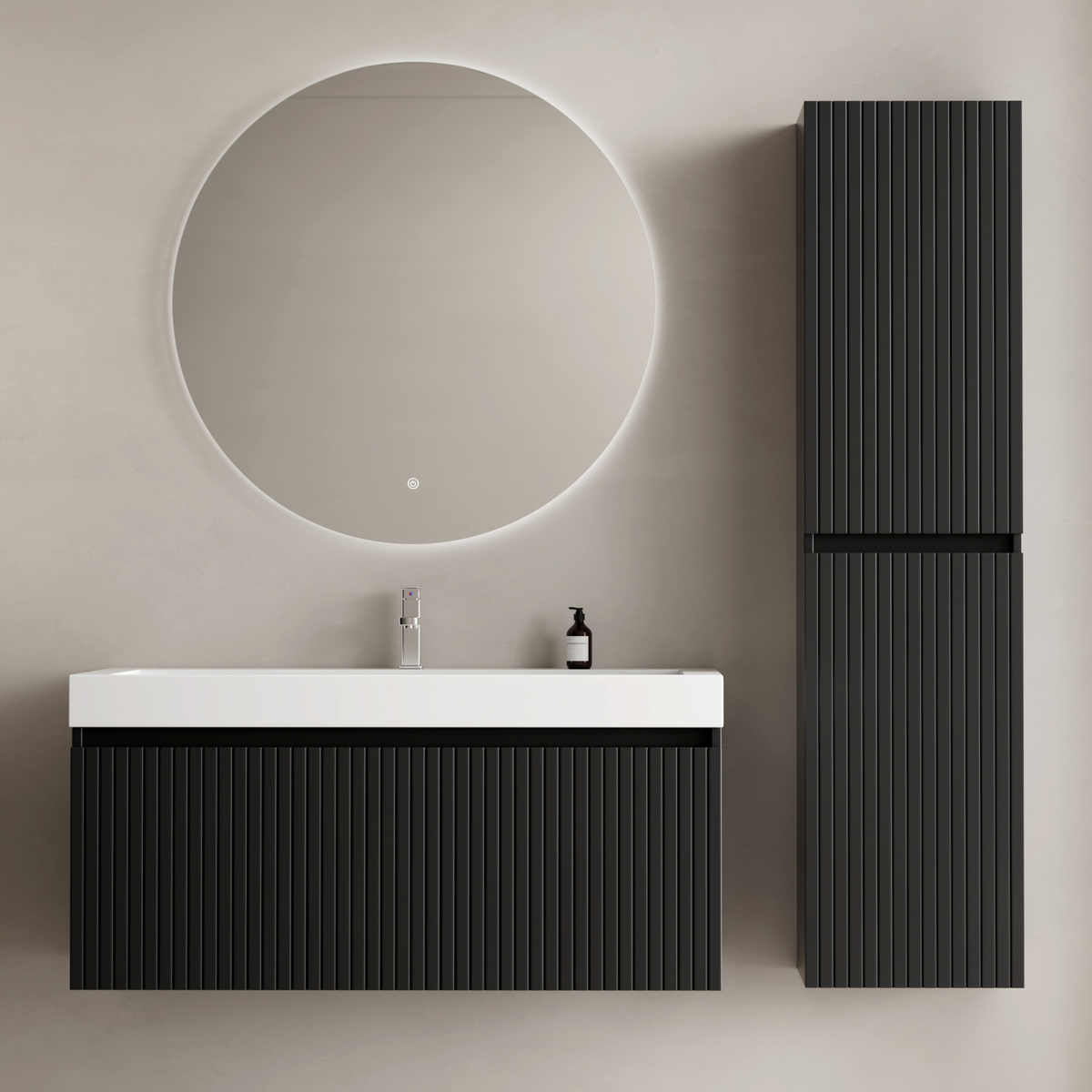 Conjunto de mueble de baño ZESERO 100 cm – Con columna – Negro mate – Lavabo blanco