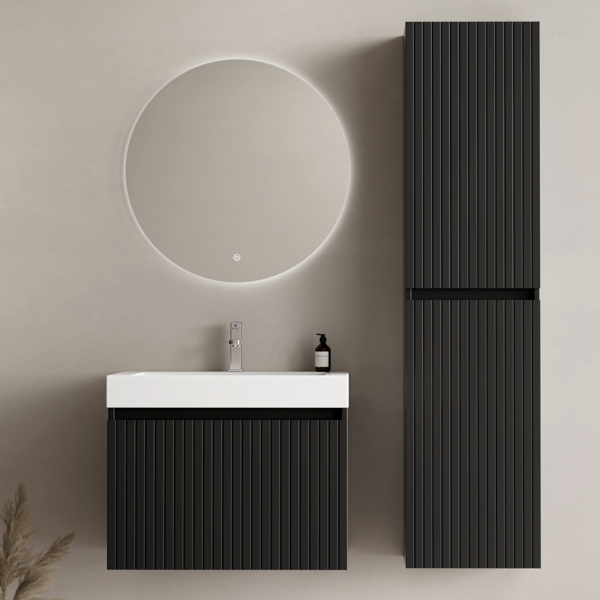 Conjunto de muebles de baño ZESERO 60 cm - Con columna - Negro mate - Lavabo blanco