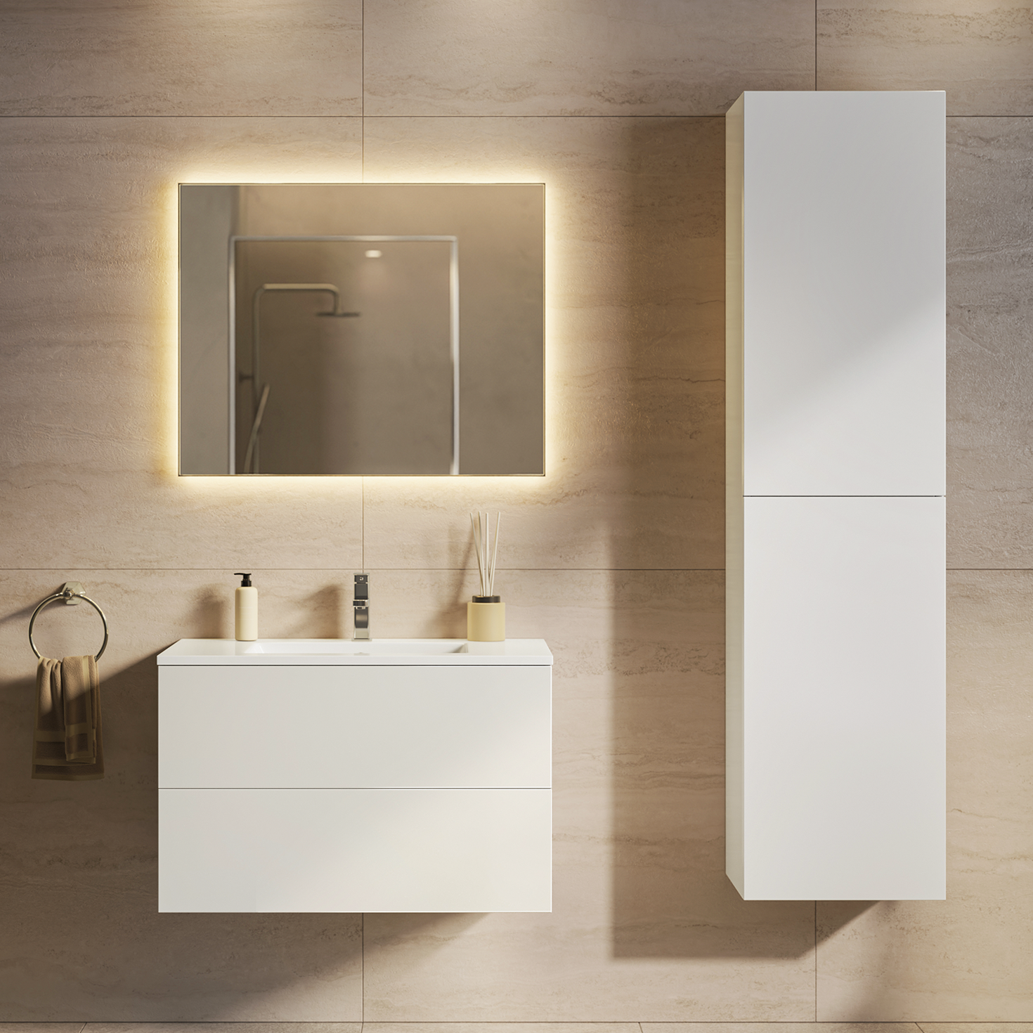 NUVANO Badezimmermöbel-Set 80 cm – Mit Hochschrank – Glänzend Weiß – Weißes Waschbecken