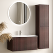 ROVANI Badezimmermöbel-Set 80 cm – Walnuss – Rillenfront – Weißes Waschbecken