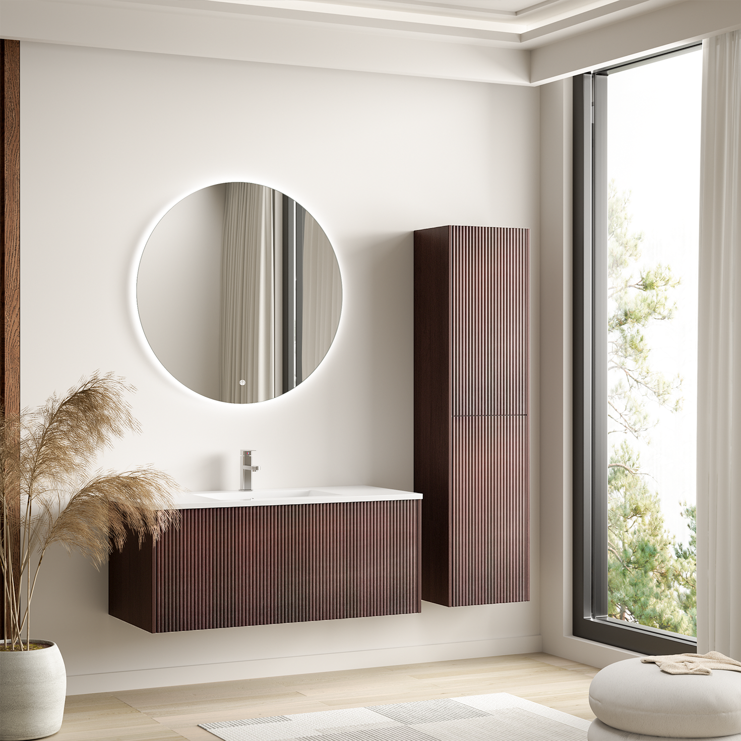 ROVANI Badezimmermöbel-Set 100 cm – Walnuss – Rillenfront – Weißes Waschbecken