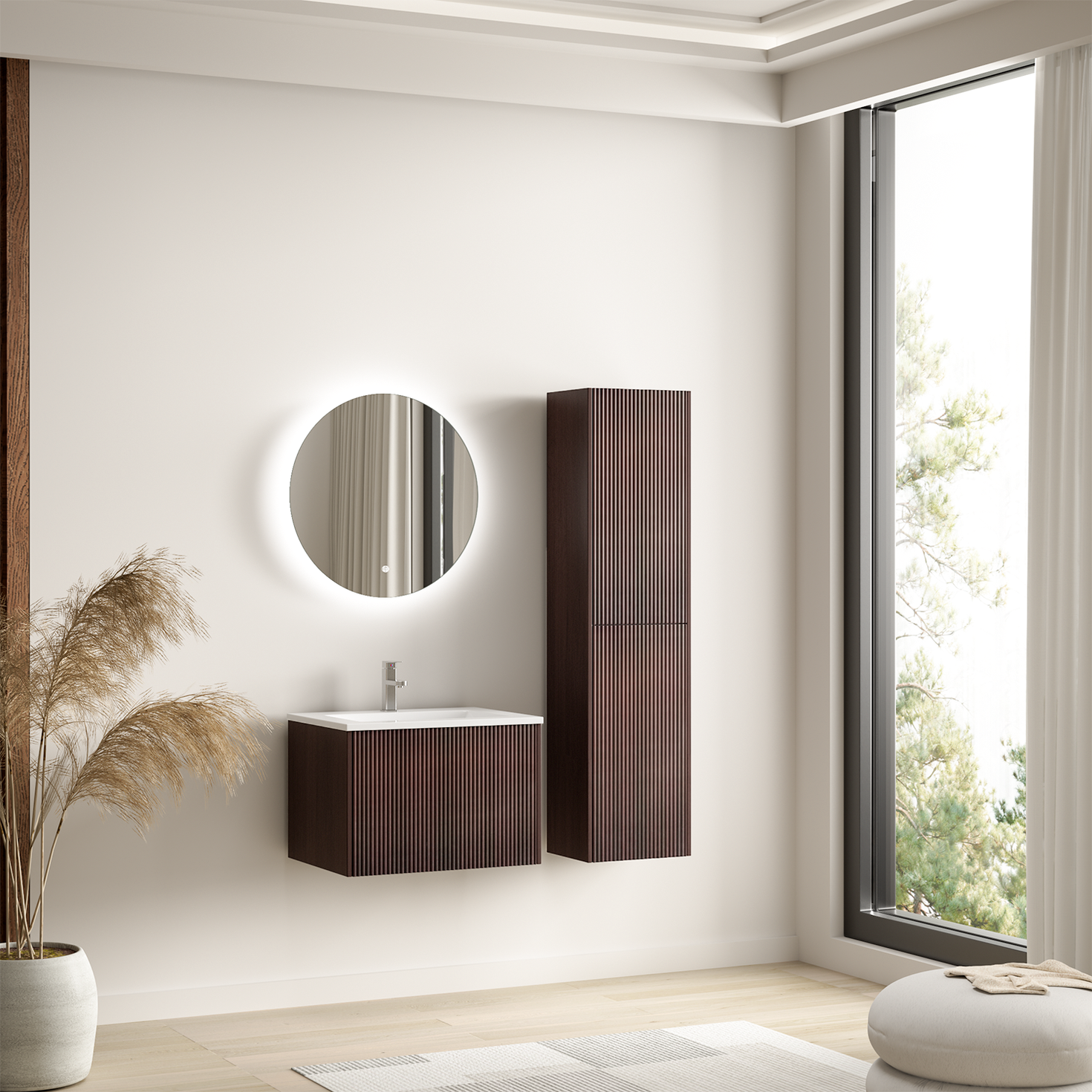 ROVANI Badezimmermöbel-Set 60 cm – Walnuss – Rillenfront – Weißes Waschbecken