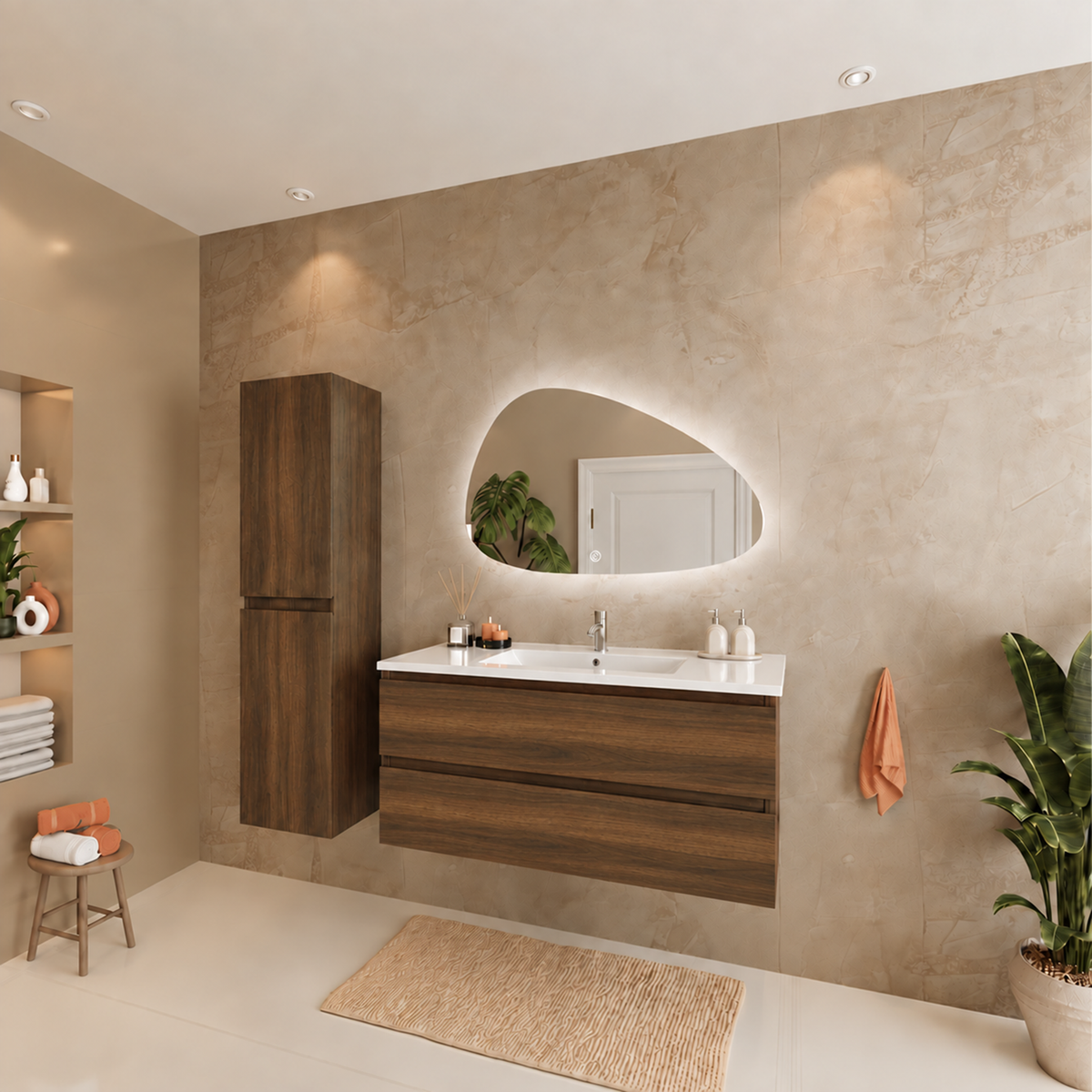 Conjunto de Muebles de Baño VERONA 100 cm - Con Columna - Roble Marrón - Lavabo Blanco