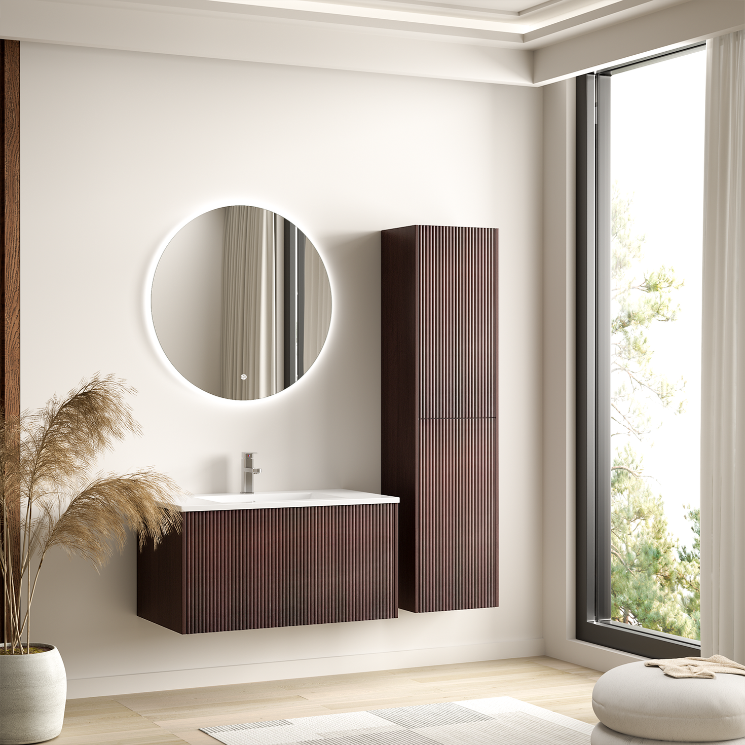 ROVANI Badezimmermöbel-Set 80 cm – Walnuss – Rillenfront – Weißes Waschbecken
