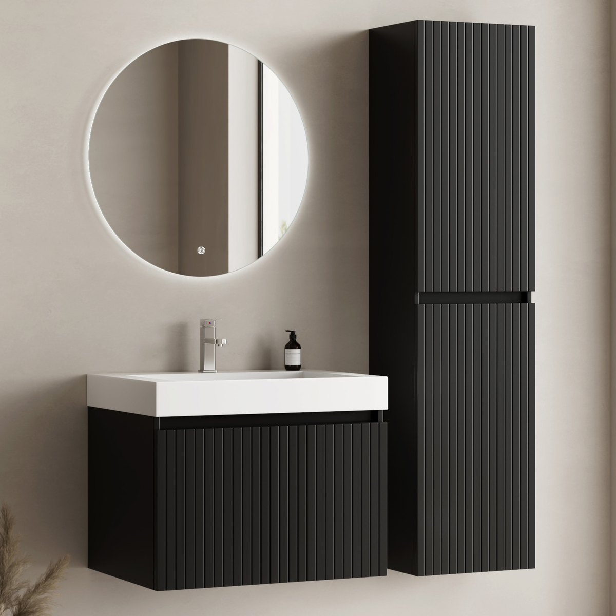 Conjunto de muebles de baño ZESERO 60 cm - Con columna - Negro mate - Lavabo blanco