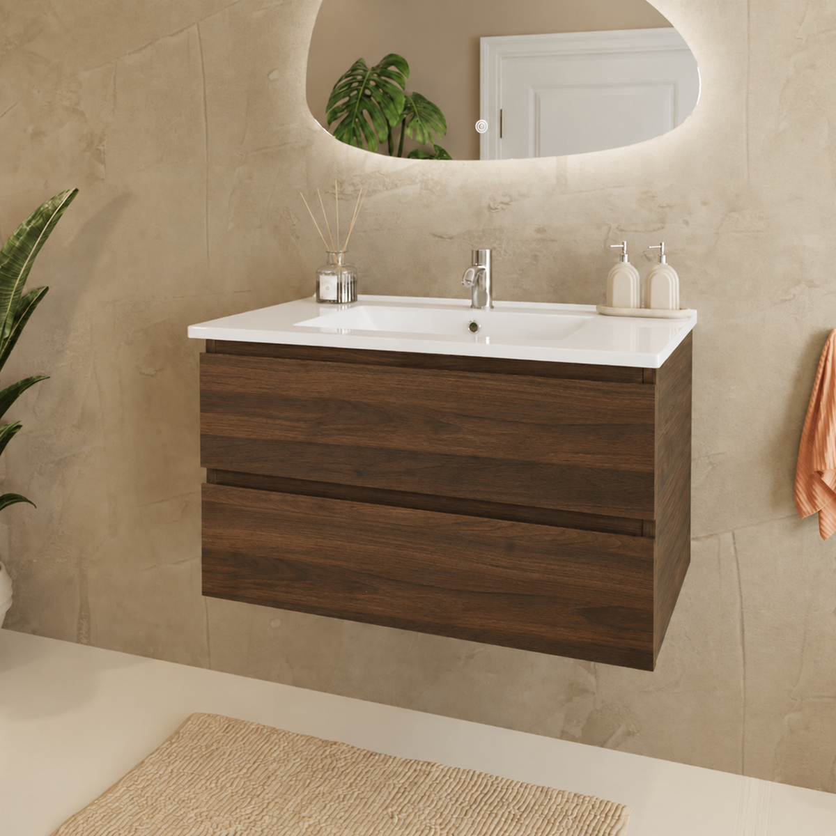 MARENZA Roble Marrón - Lavabo Blanco - 80 cm