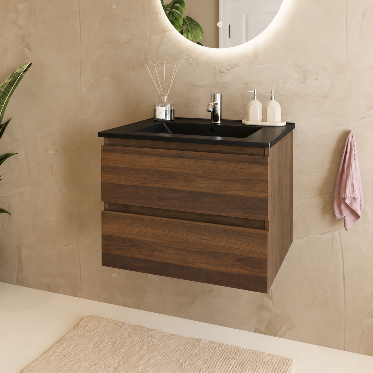 MARENZA Eiche Braun - Waschtisch Schwarz - 60 cm