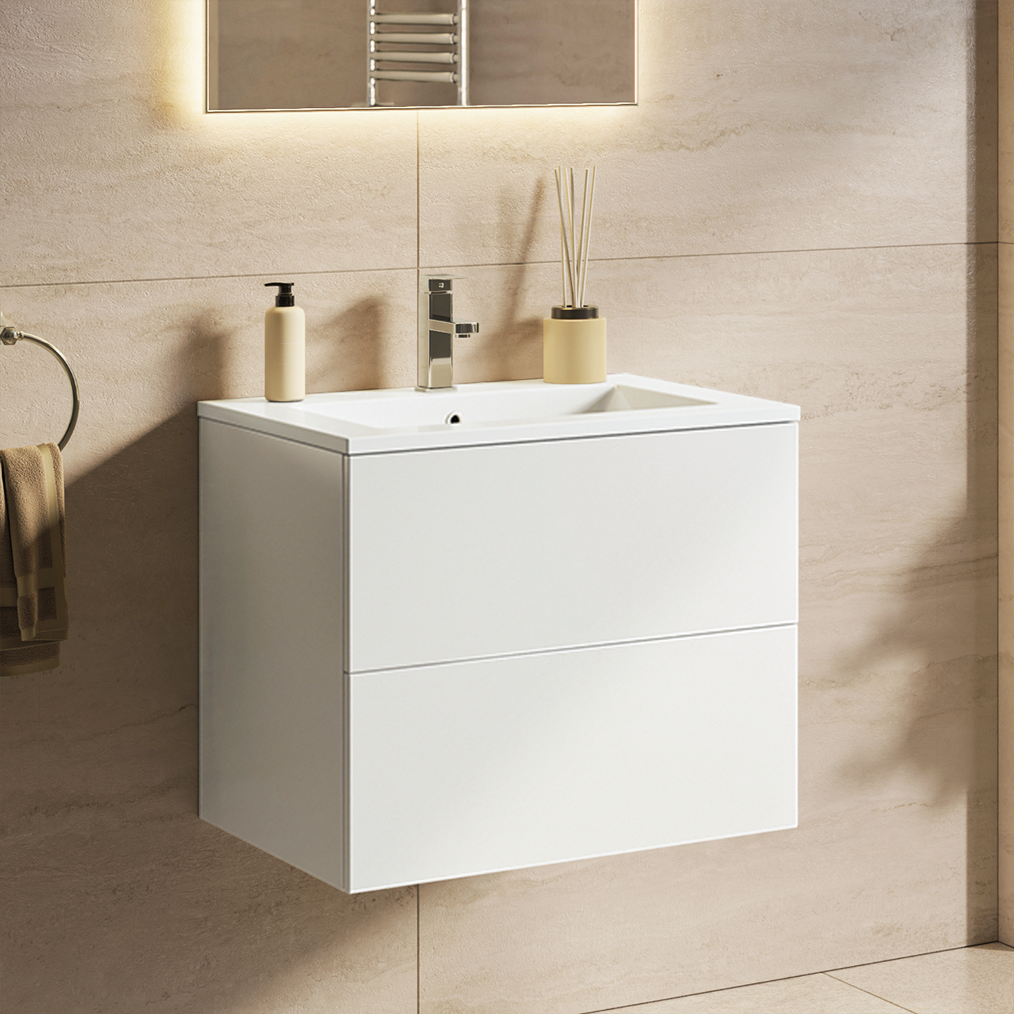 NINEO Badmöbel – Glänzend Weiß – Weißes Waschbecken – 60 cm