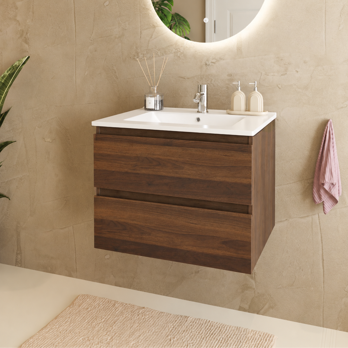 MARENZA Roble Marrón - Lavabo Blanco - 60 cm