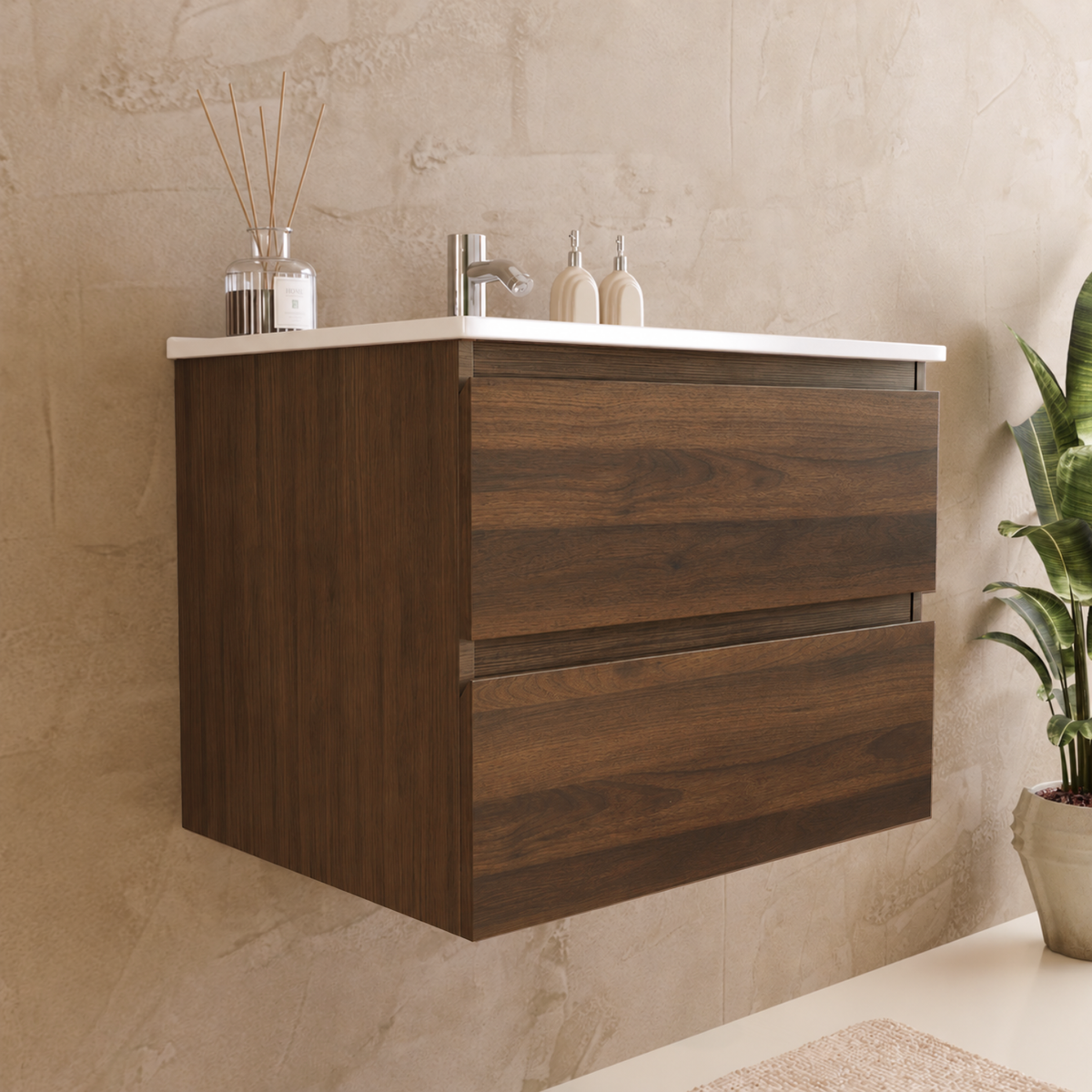 Conjunto de Muebles de Baño VERONA 60 cm - Con Columna - Roble Marrón - Lavabo Blanco