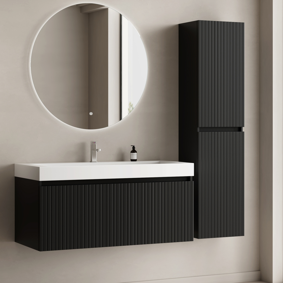 Conjunto de mueble de baño ZESERO 100 cm – Con columna – Negro mate – Lavabo blanco