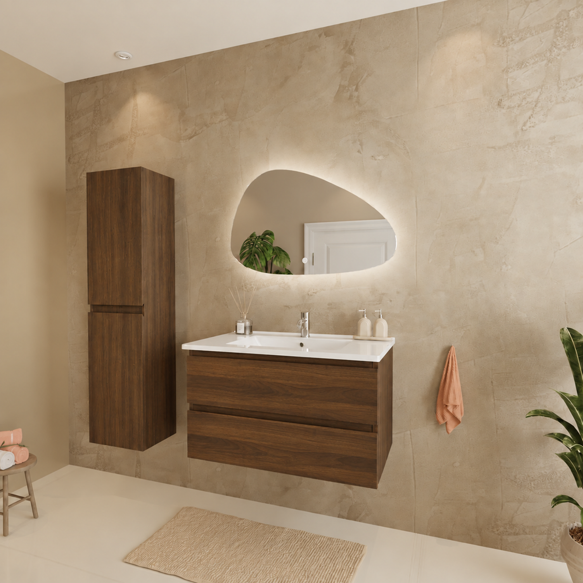 Conjunto de Muebles de Baño VERONA 80 cm - Con Columna - Roble Marrón - Lavabo Blanco