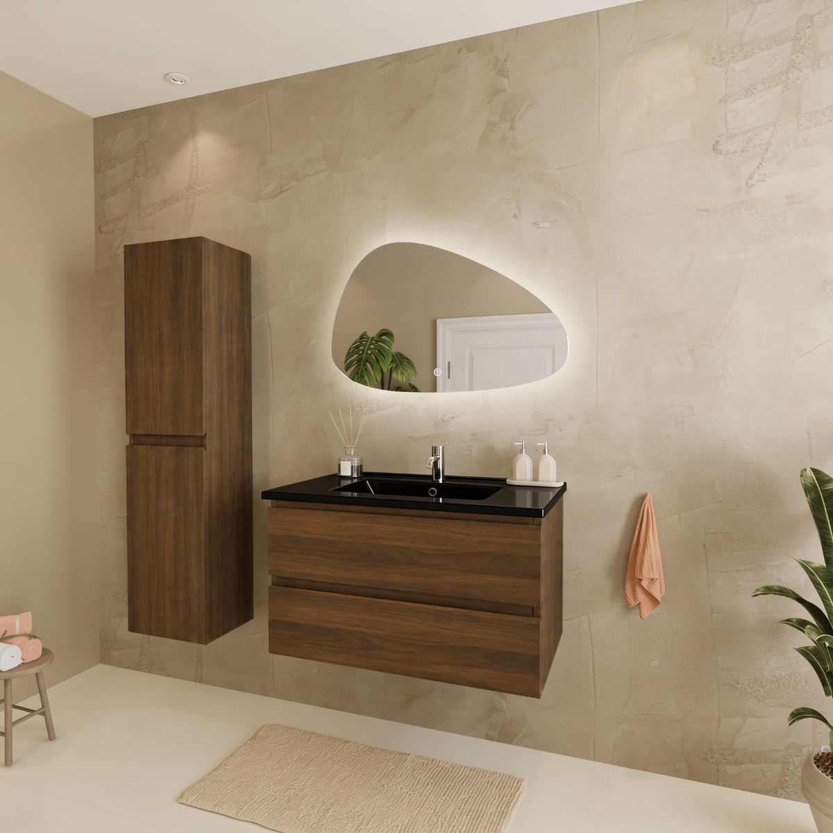 Conjunto de muebles de baño VERONA 80 cm - Con Columna de Baño - Roble Marrón - Lavabo Negro