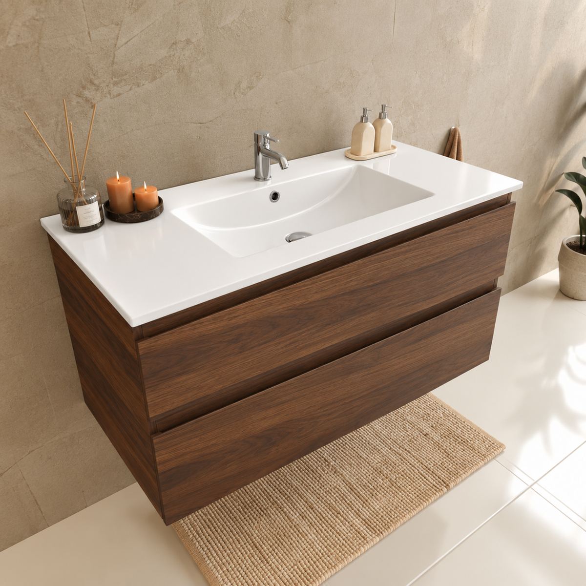 Conjunto de Muebles de Baño VERONA 100 cm - Con Columna - Roble Marrón - Lavabo Blanco