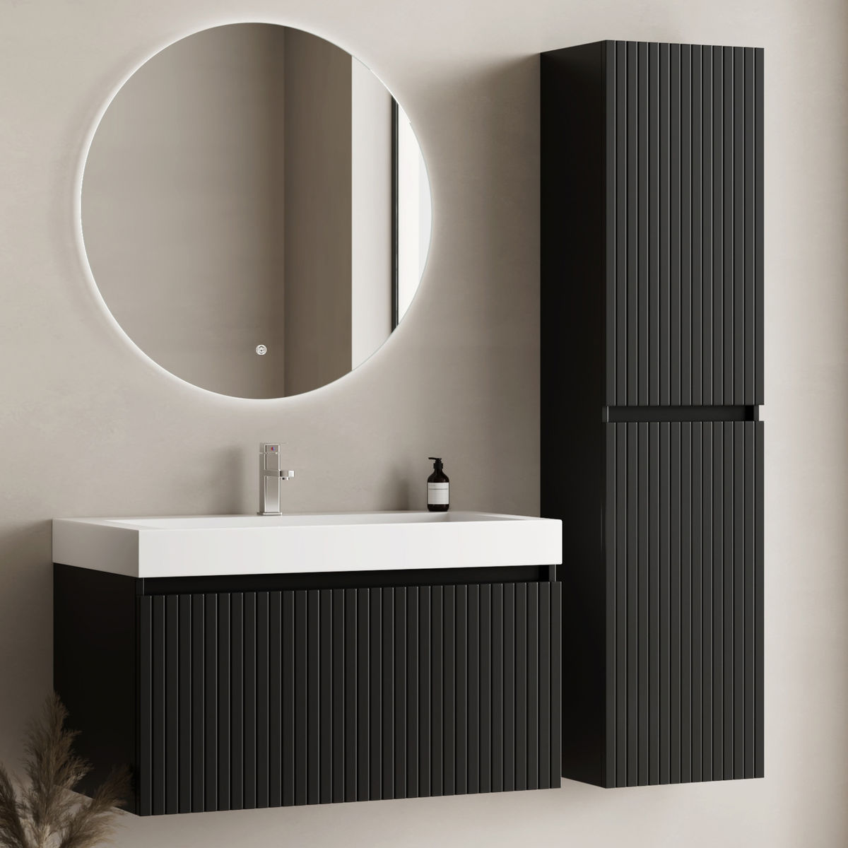 Conjunto de muebles de baño ZESERO 80 cm - Con columna de baño - Negro mate - Lavabo blanco