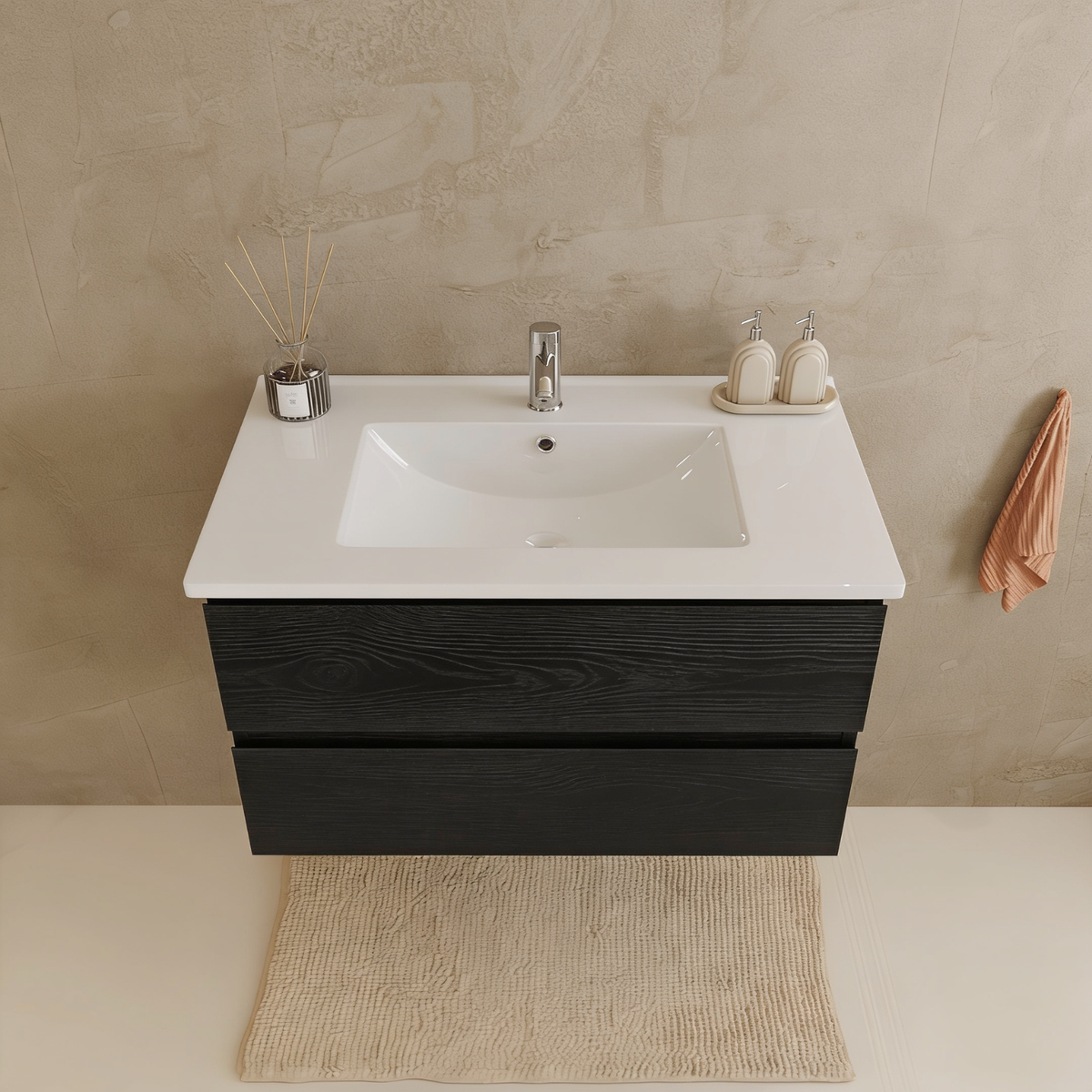 MARENZA 80 cm - Roble Negro - Lavabo Blanco