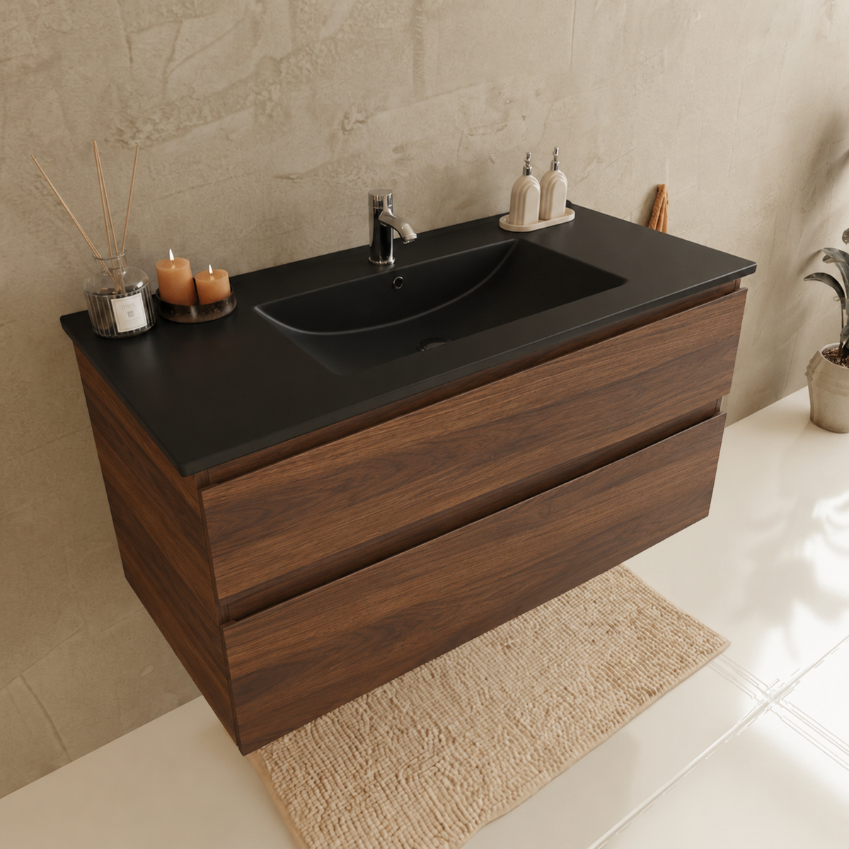 Badmöbel-Set VERONA 100 cm - Mit Hochschrank - Eiche Braun - Waschtisch Schwarz