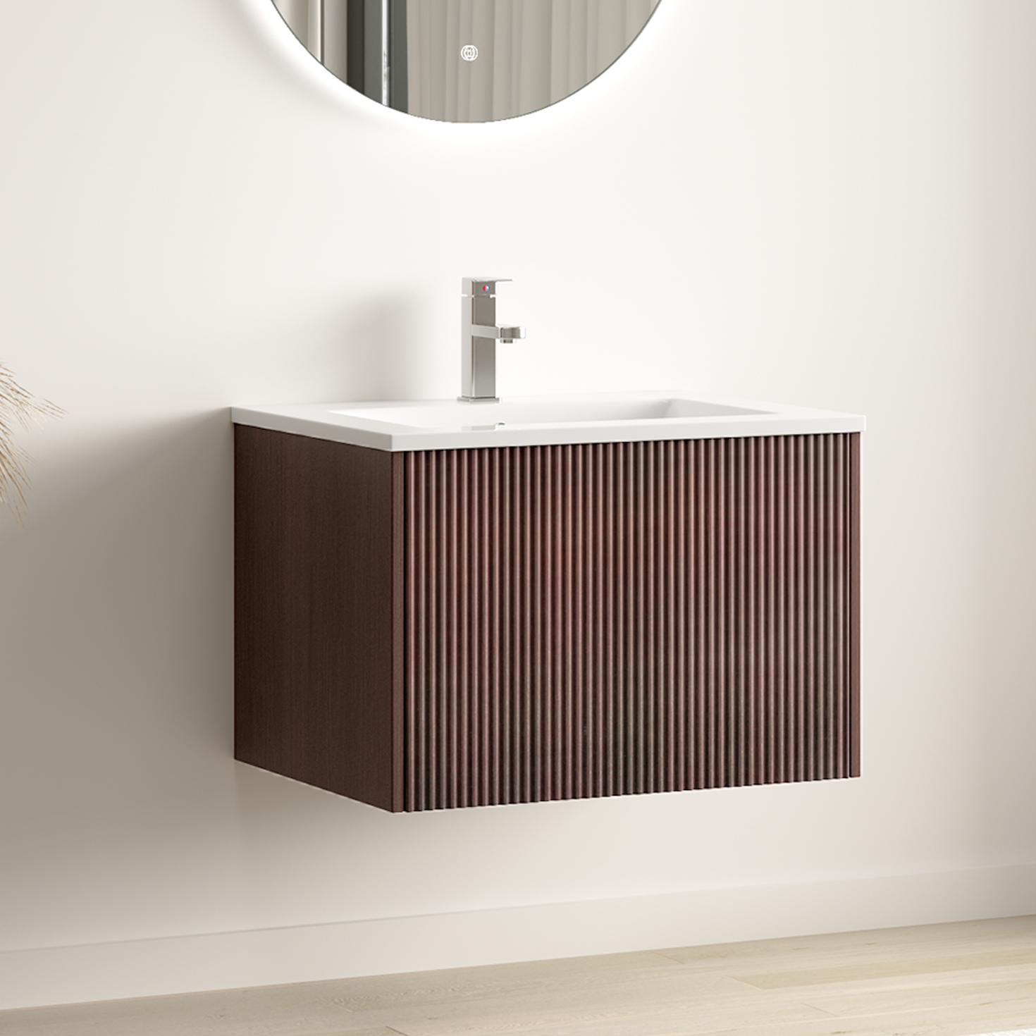 SOVINA Rillenfront Walnuss – Weißes Waschbecken – 60 cm