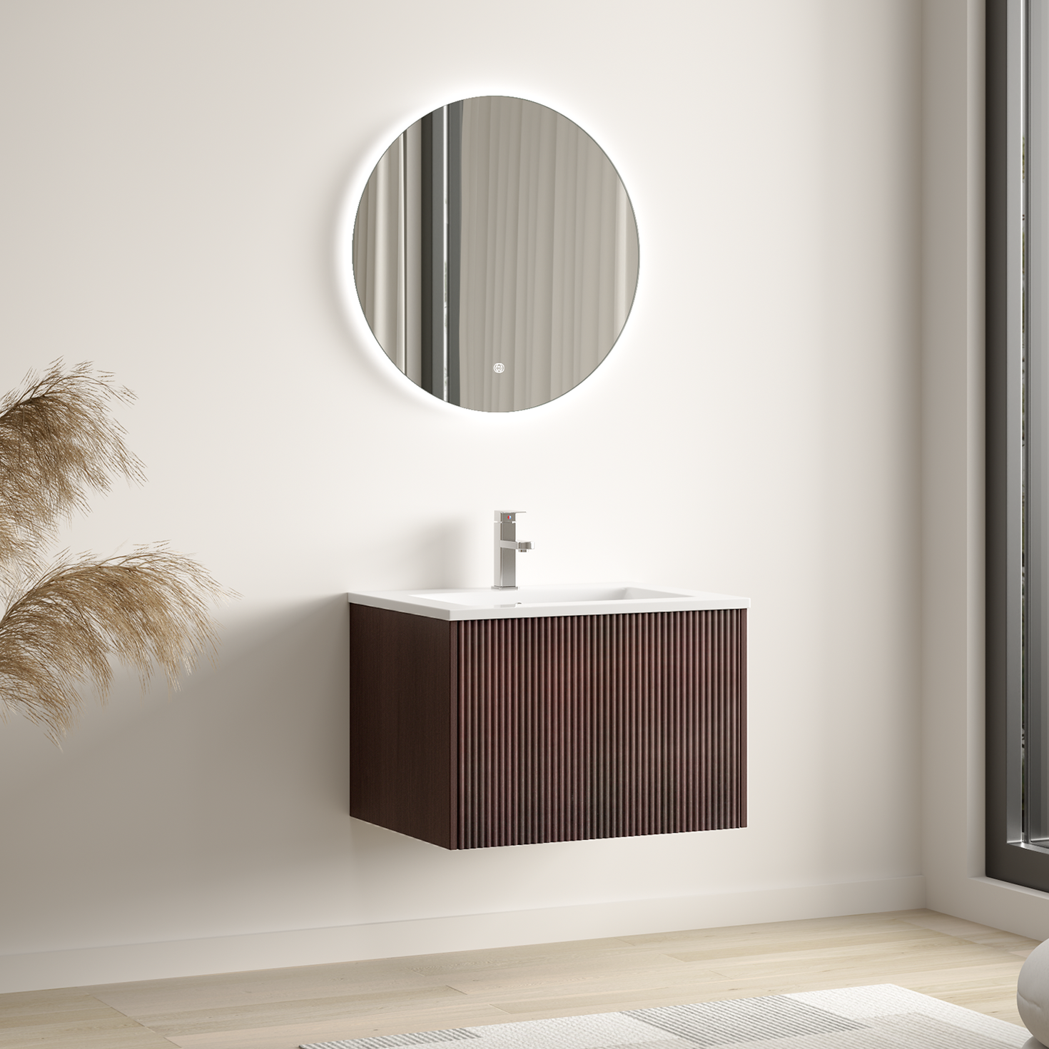 SOVINA Rillenfront Walnuss – Weißes Waschbecken – 60 cm