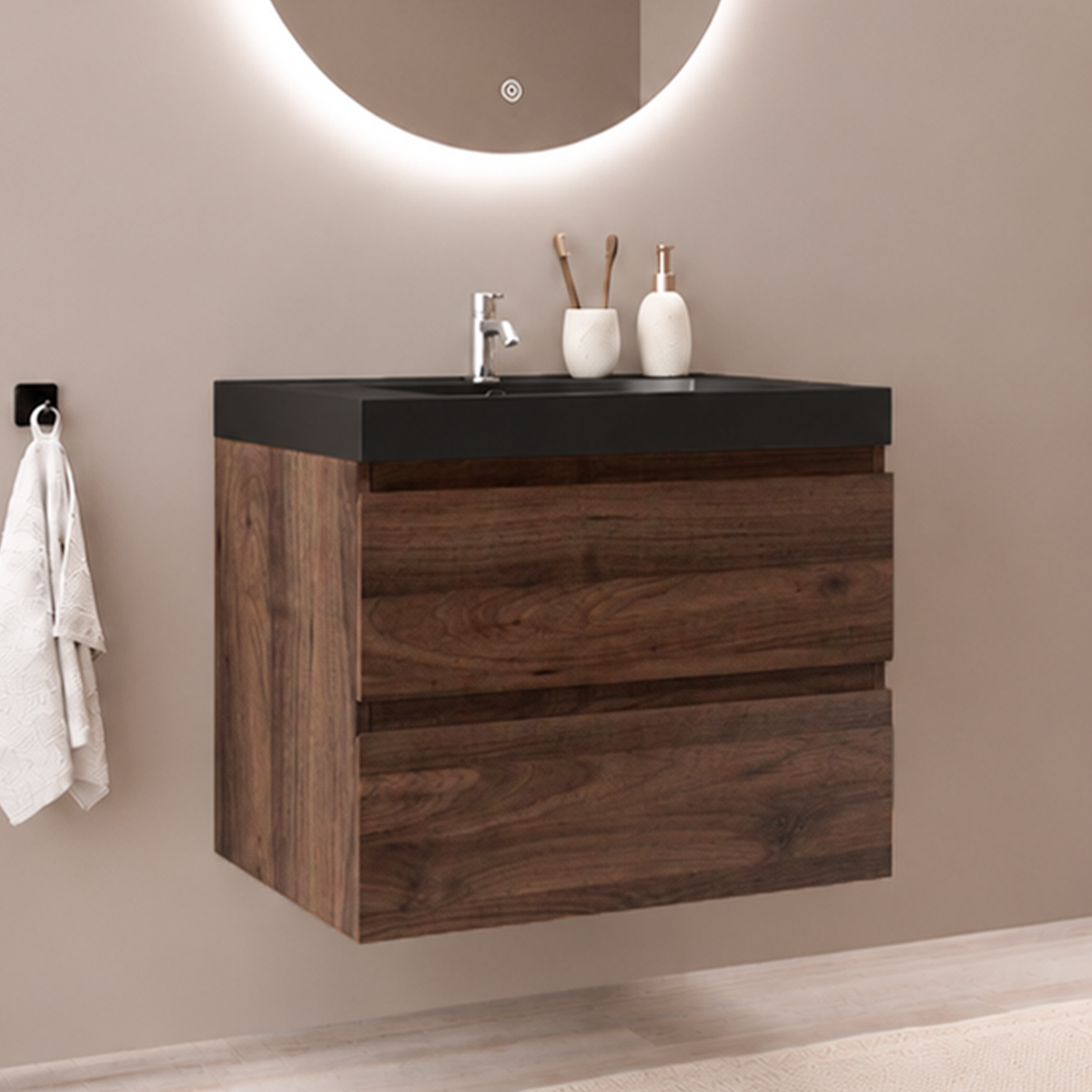 MONACO Eiche Braun - Schwarzes Waschbecken - 60 cm
