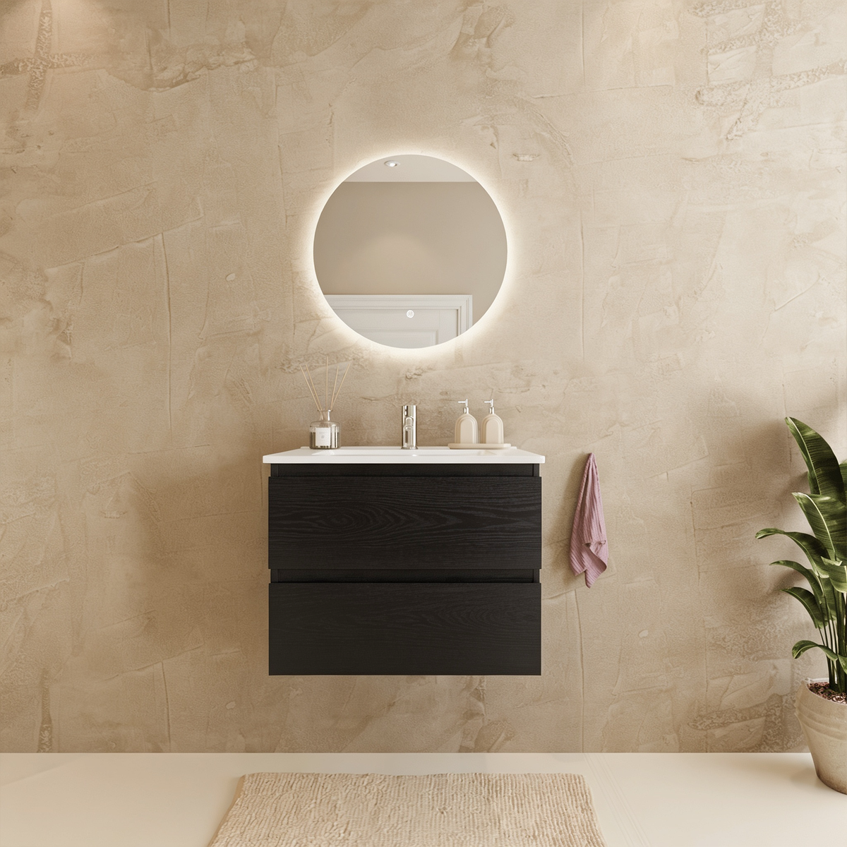 MARENZA 60 cm - Roble Negro - Lavabo Blanco