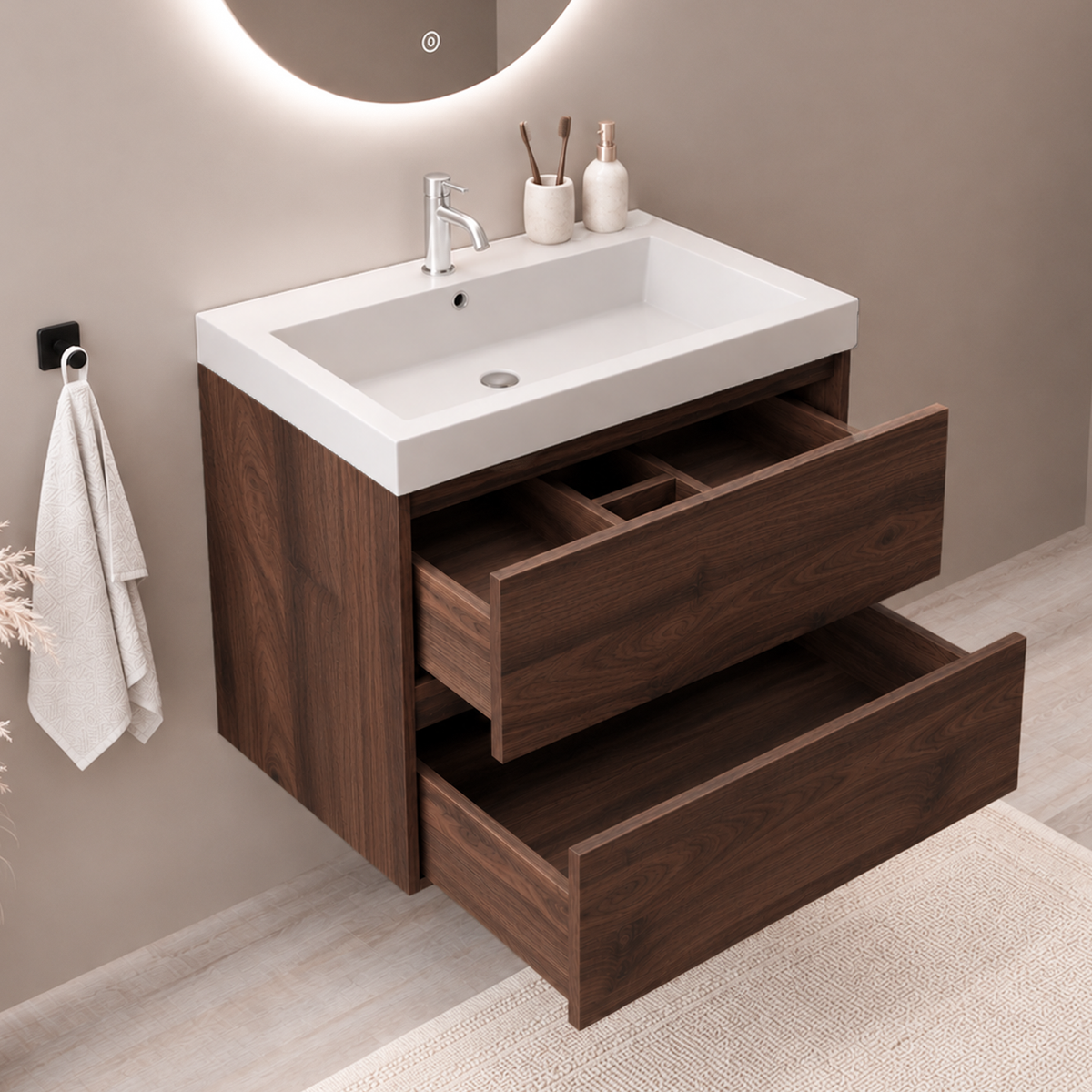 Conjunto de Muebles de Baño AVALON 60 cm - Con Columna - Roble Marrón - Lavabo Blanco