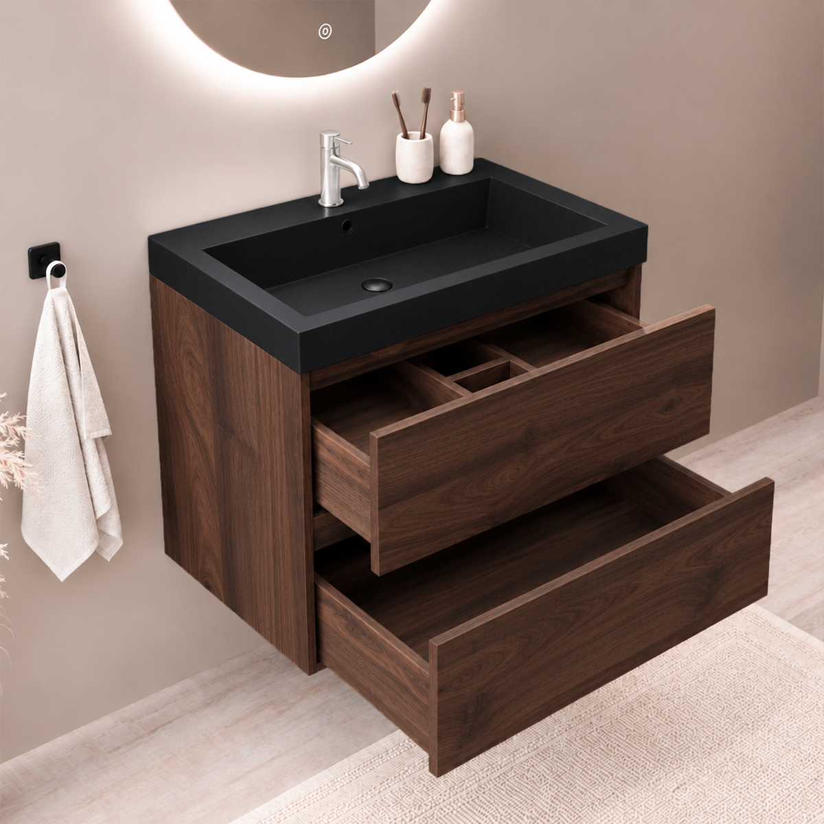 Conjunto de Muebles de Baño AVALON 60 cm - Con Columna - Roble Marrón - Lavabo Negro