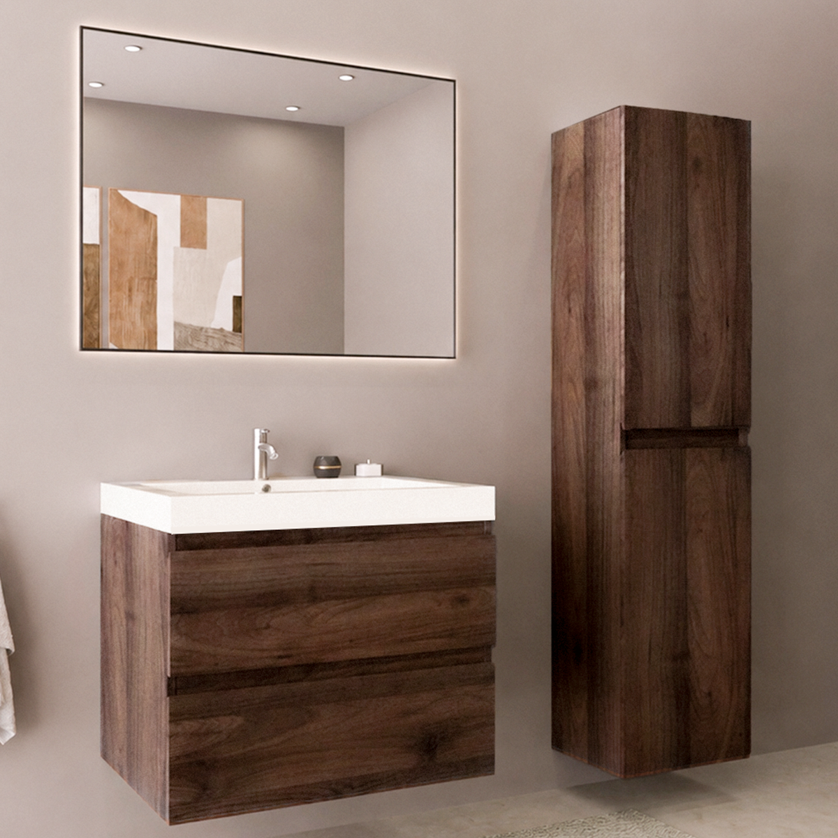 Conjunto de Muebles de Baño AVALON 60 cm - Con Columna - Roble Marrón - Lavabo Blanco
