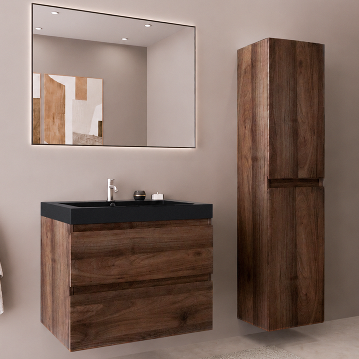 Conjunto de Muebles de Baño AVALON 60 cm - Con Columna - Roble Marrón - Lavabo Negro