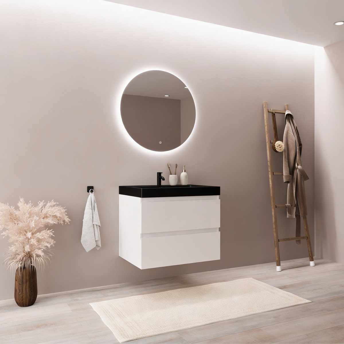 Mueble de baño suspendido MONACO blanco brillo - Lavabo negro - 60 cm