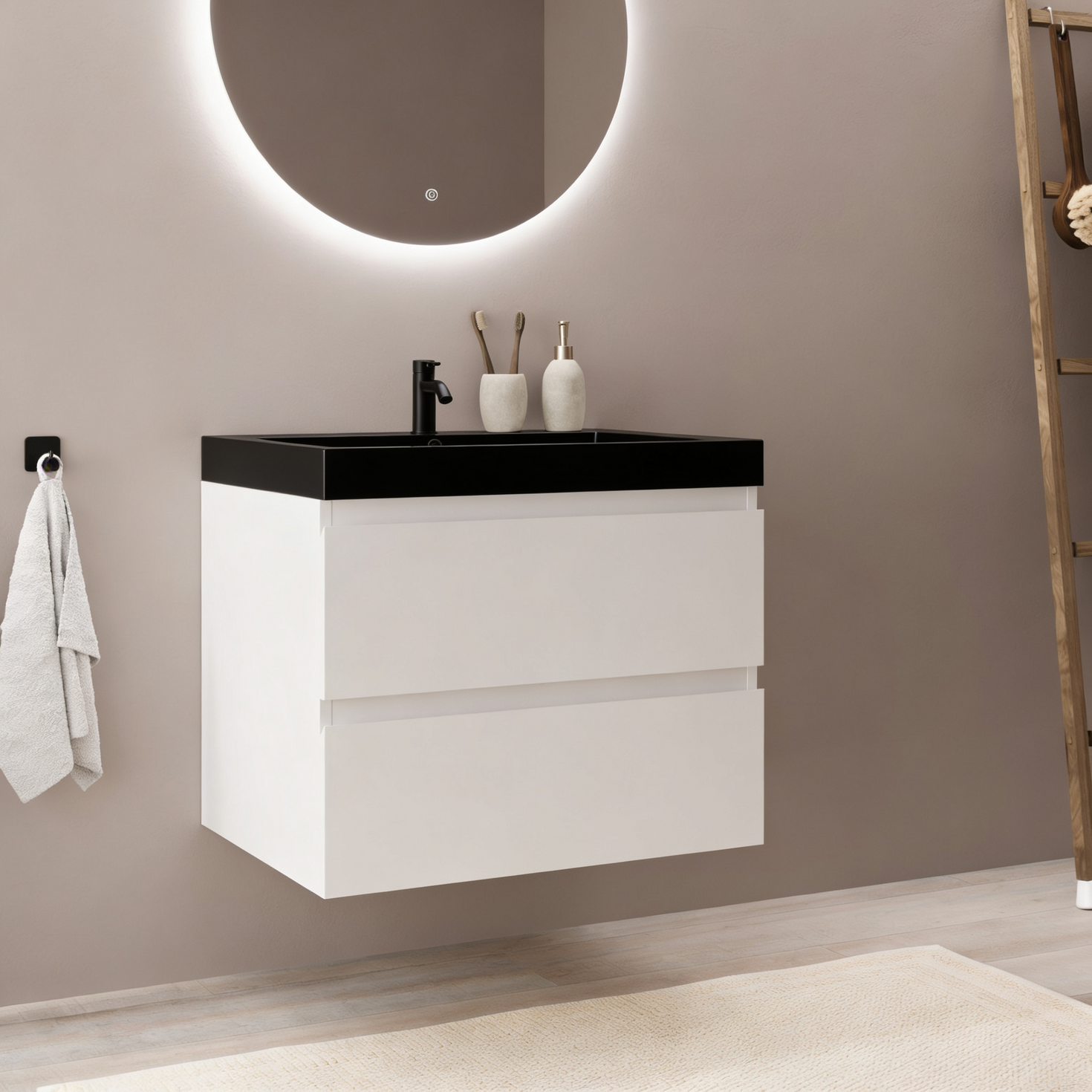 MONACO Glänzend Weiß – Schwarzes Waschbecken – 60 cm