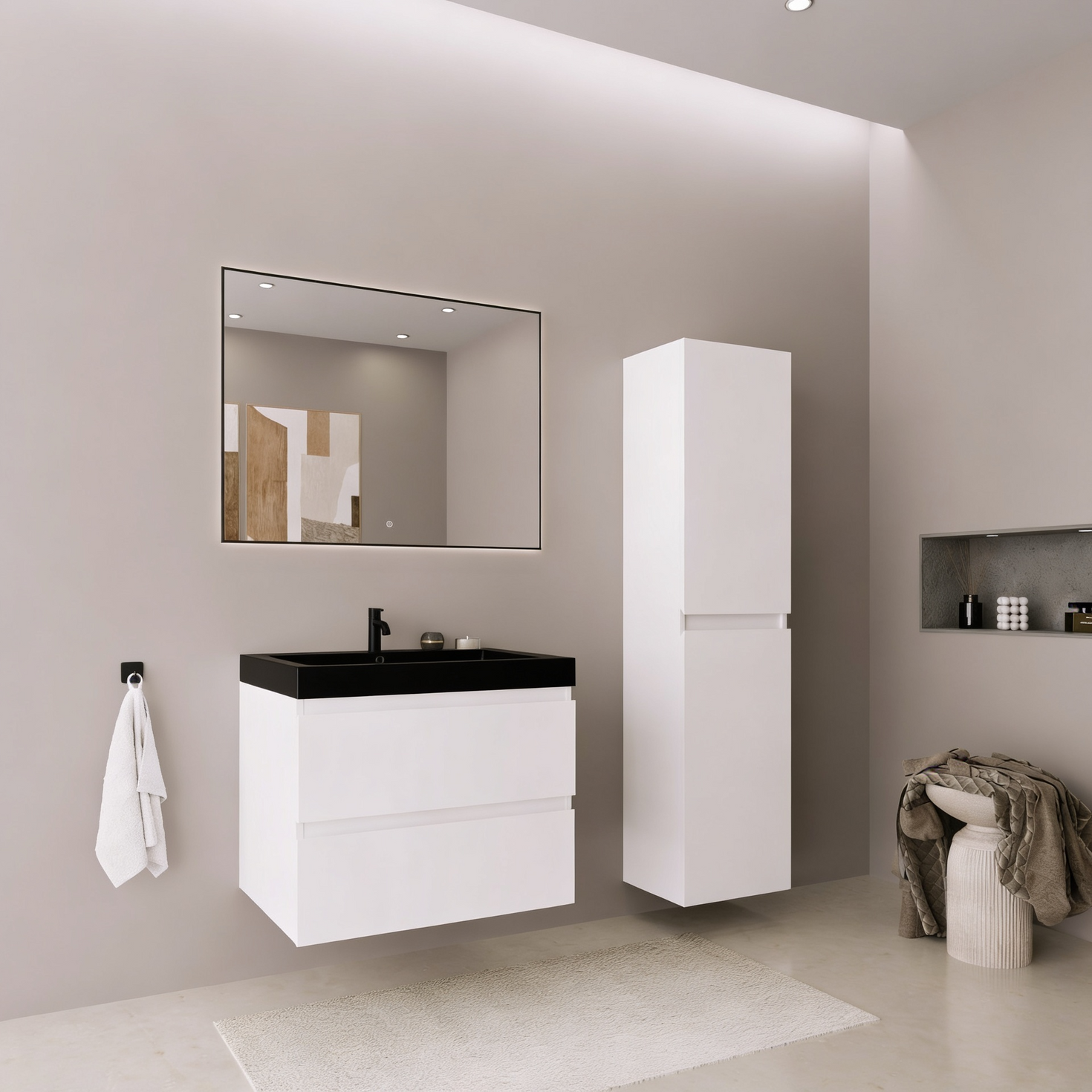 AVALON Badezimmermöbel-Set 60 cm – mit Hochschrank – Hochglanz Weiß – Schwarzes Waschbecken