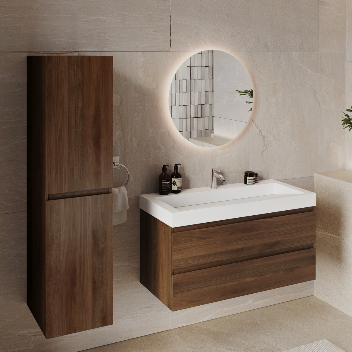 Conjunto de Muebles de Baño AZURO Roble Marrón - Lavabo Blanco - Con Columna - 100 cm