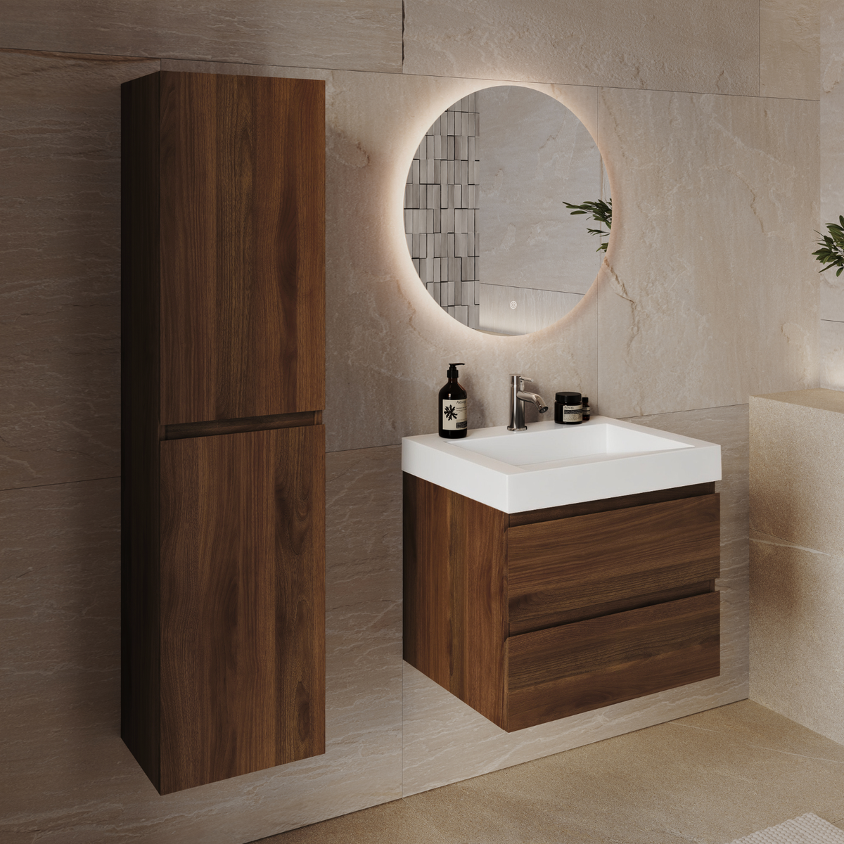Conjunto de Muebles de Baño AZURO Roble Marrón - Lavabo Blanco - Con Columna - 60 cm