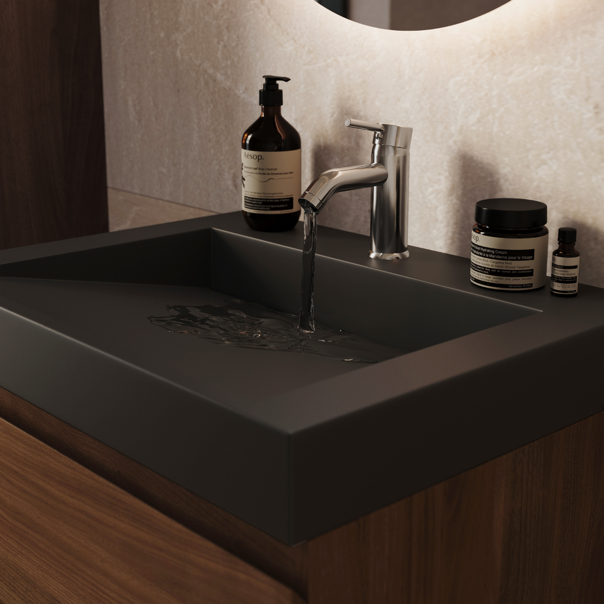 Badmöbel-Set AZURO Eiche Braun - Waschtisch Schwarz - Mit Hochschrank - 60 cm