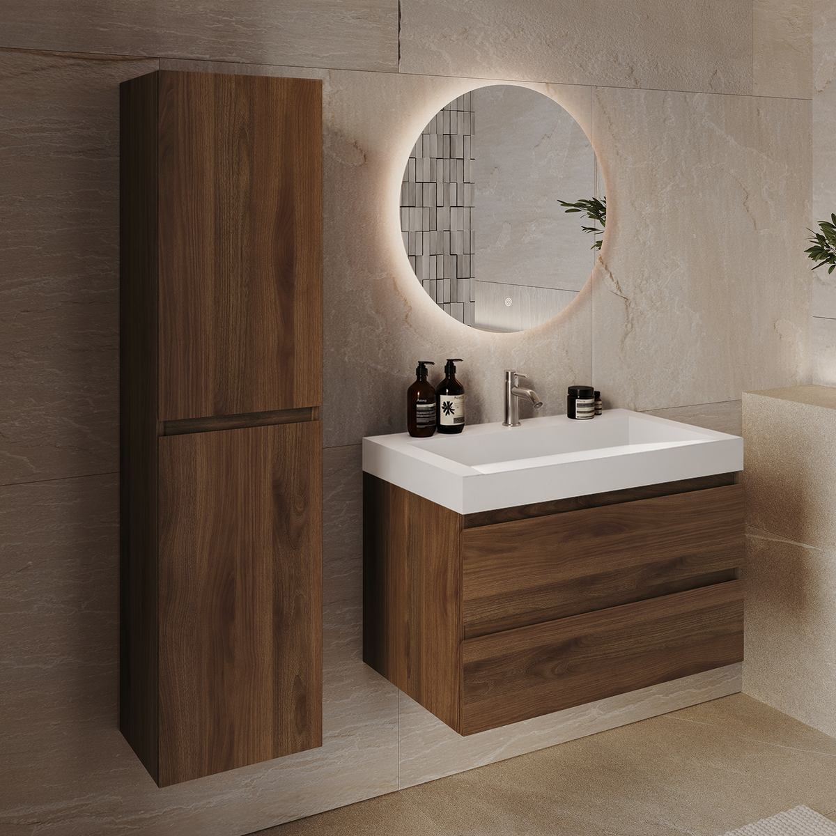 Conjunto de Muebles de Baño AZURO Roble Marrón - Lavabo Blanco - Con Columna - 80 cm