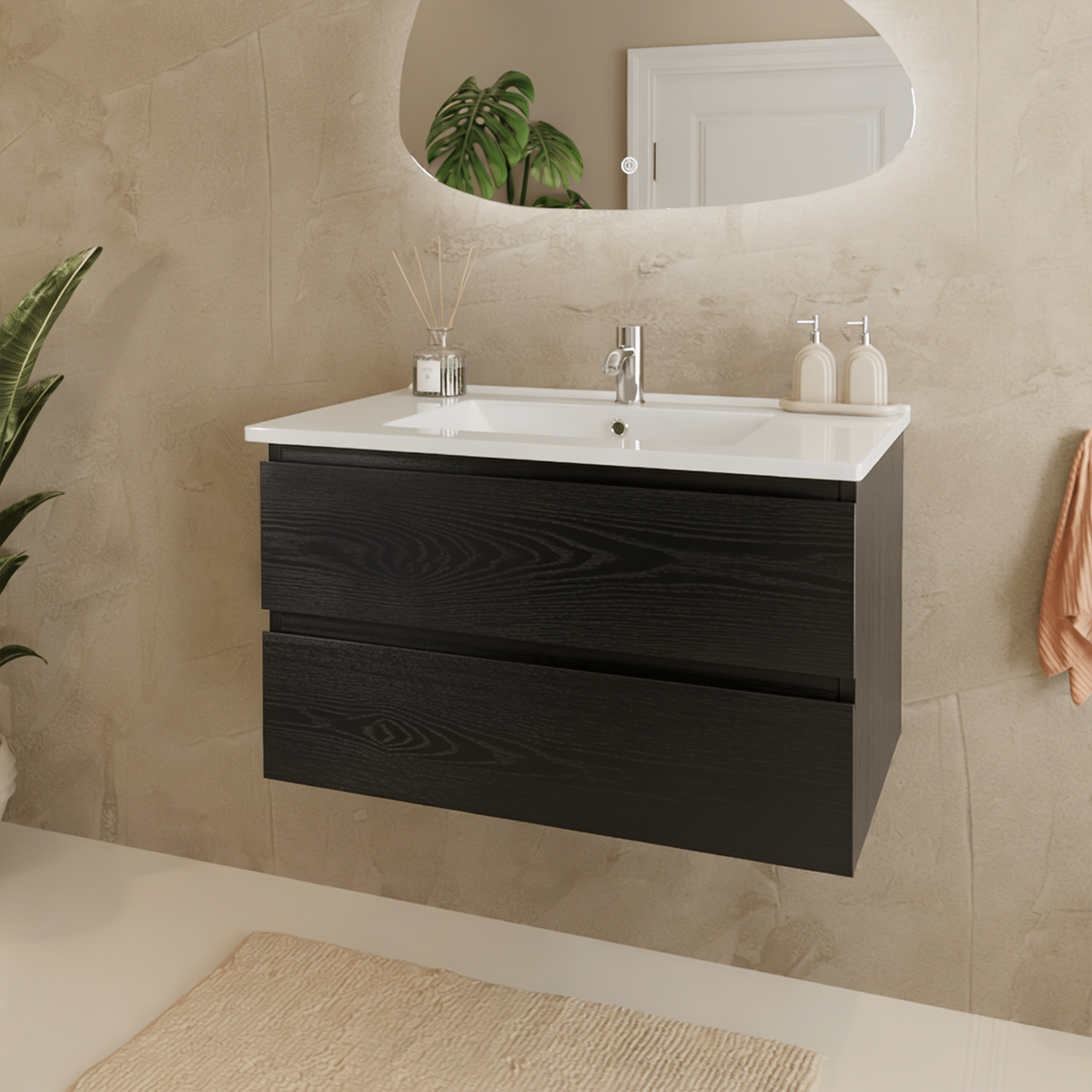 MARENZA 80 cm - Roble Negro - Lavabo Blanco
