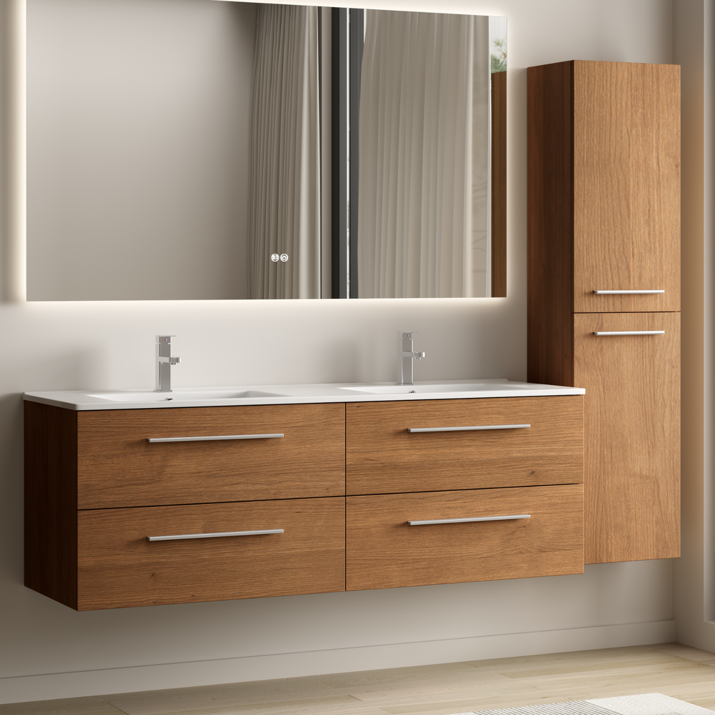 NAVERO Badezimmermöbel-Set 140 cm – Mit Hochschrank – Warmes Eichenholz – Weißes Waschbecken