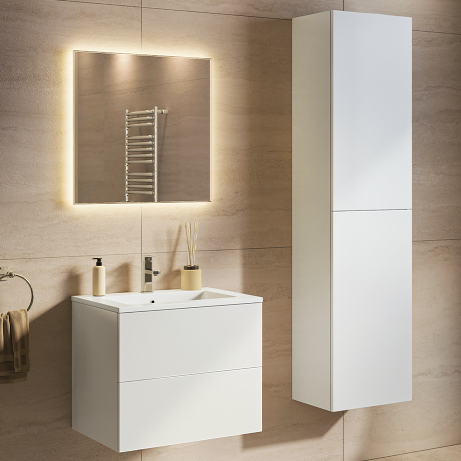 NUVANO Badezimmermöbel-Set 60 cm – Mit Hochschrank – Glänzend Weiß – Weißes Waschbecken