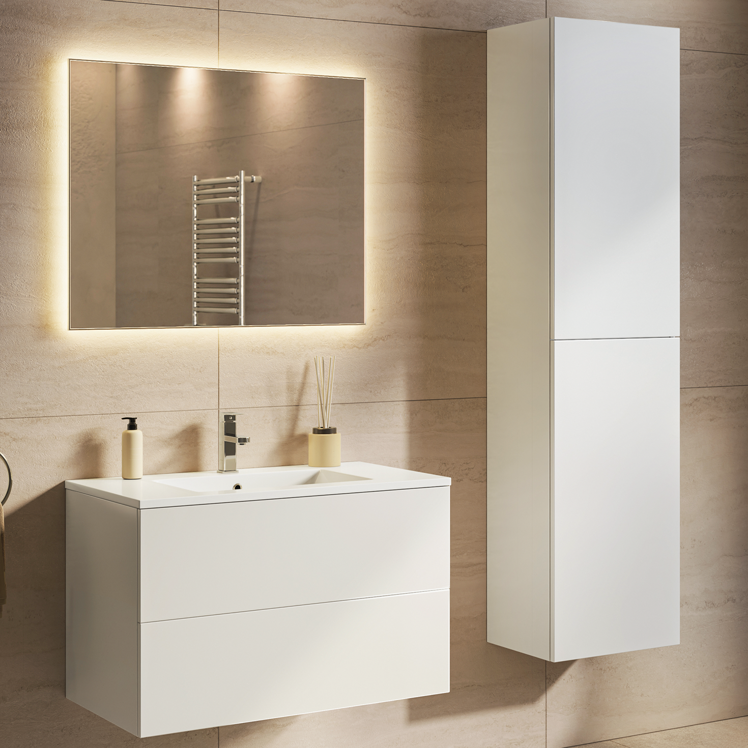 NUVANO Badezimmermöbel-Set 80 cm – Mit Hochschrank – Glänzend Weiß – Weißes Waschbecken