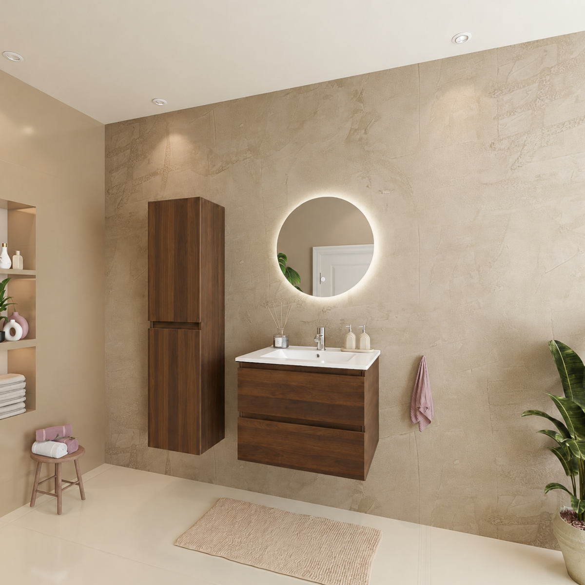 Conjunto de Muebles de Baño VERONA 60 cm - Con Columna - Roble Marrón - Lavabo Blanco