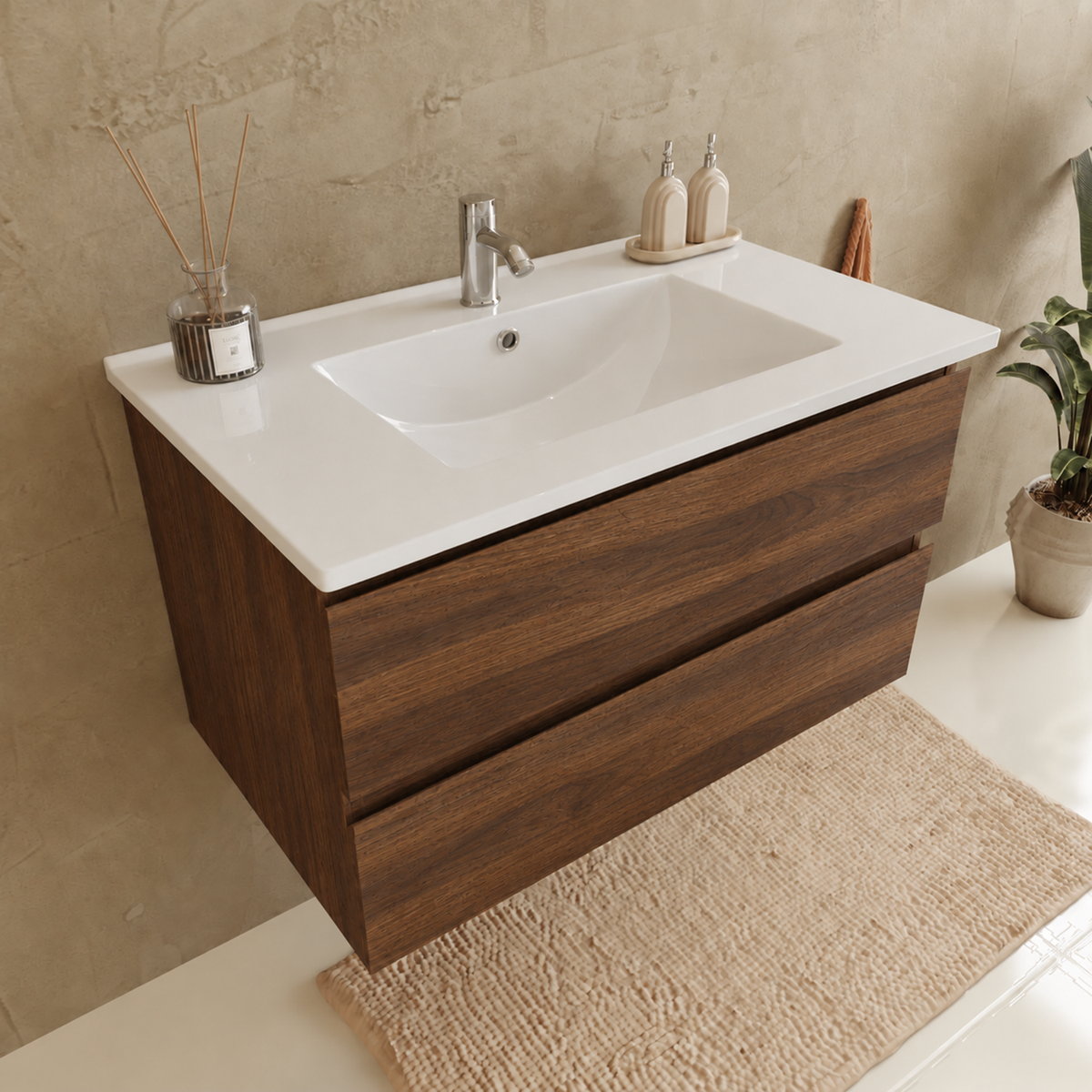 Conjunto de Muebles de Baño VERONA 80 cm - Con Columna - Roble Marrón - Lavabo Blanco
