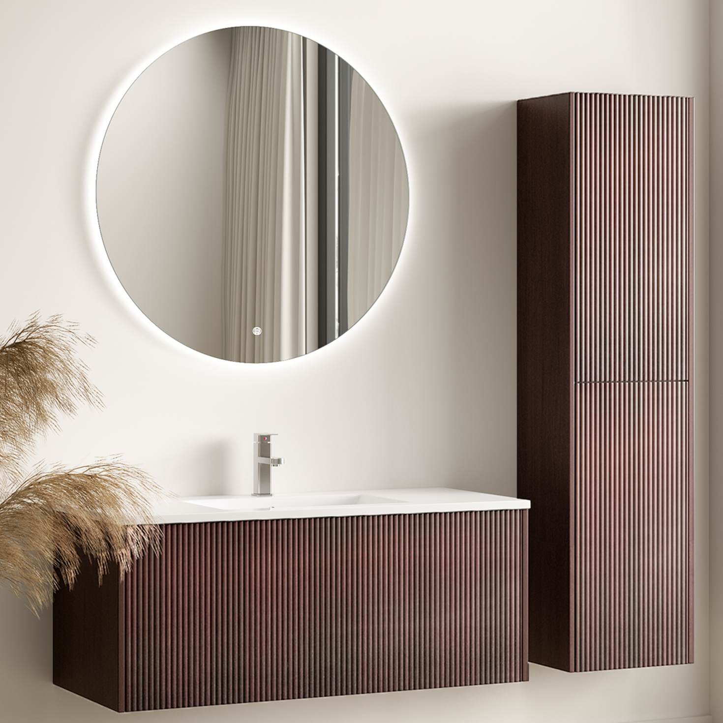 ROVANI Badezimmermöbel-Set 100 cm – Walnuss – Rillenfront – Weißes Waschbecken